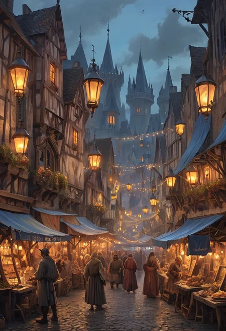 Bustling medieval french marketplace in a fantastical french port city at early morning, illuminated by glowing lanterns and enchanted lights. Merchants sell exotic magical artifacts under the starlit sky, colorful stalls offer potions and scrolls, and diverse fantasy races mingle beneath the moonlight. Towering masted ships with sail out in the ocean. The atmosphere is vibrant with magical auras and the soft hum of nocturnal life. 
style of greg rutkowski, janek sedlar, jenny saville:0] <lora:vivid_everclear:0.35> <lora:Sinozick:0.35> <lora:MJ52:0.35>