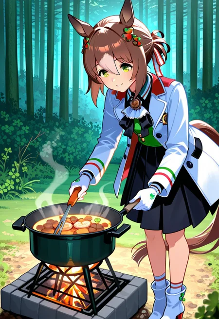 fine motion \(umamusume\),horse tail,horse ears,horse girl,two-tone hair,brown hair,white hair,medium hair,streaked hair,bangs,hair bun,single hair bun,folded ponytail,short hair,multicolored hair,hair between eyes,green eyes,yellow eyes,brown eyes, clover hair ornament, hair ribbon, white ascot, black bowtie, long sleeves, white gloves, white jacket, collared shirt, green shirt, buttons, open jacket, open clothes, black skirt, pleated skirt, white socks, white footwear, high heel boots
hangousuisan, food, cooking, camp, nature, forest, outdoors, grill, cooking stove , (solo)