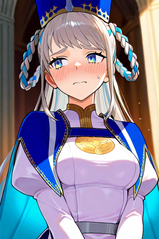 masterpiece, High quality, Ultra detailed, 2d, newest, absurdres, highres, BREAK
1girl, solo, mitre, <lora:johanna_epoch_10:0.8>,johanna_(fate), very long hair, grey hair, twin braids, braided hair rings, two-tone hair, blue eyes, averting eyes, embarrassed, 
medium breasts, johannaDef, blue headwear, cross \(symbol\), long sleeves, juliet sleeves, asymmetry dress frill, long dress, white dress, blue cape, upper body,