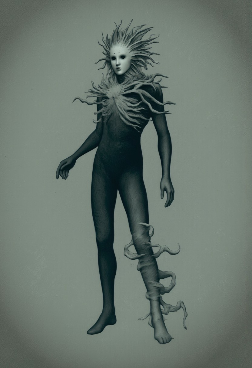 aidmaMJ6.1, Made out of paper, a PaperStyle , d4artstyle, d4concept, , d00mstyle, made of clay, ZBClay model of a gray sculpture
A small, mysterious humanoid creature with a slender, dark body and delicate limbs. Its face is a smooth, pale mask with minimal features, resembling a stylized, expressionless visage. The creature's head is surrounded by a chaotic mass of swirling, tendril-like appendages that appear almost hair-like, adding an ethereal and otherworldly quality. The limbs are thin and elongated, giving it a fragile, almost shadowy appearance. It wears simple, form-fitting attire that blends seamlessly with its dark form, emphasizing its enigmatic nature. The overall design evokes a sense of quiet mystery and alien elegance, blending elements of the eerie and whimsical in a single figure.
Background solid color with a faded dimly lit, fog-covered darkness tone that emphasizes its silhouette. 
 The medium is not a traditional painting or illustrative medium like watercolor or ink but rather a digital rendering, eerie and unsettling.