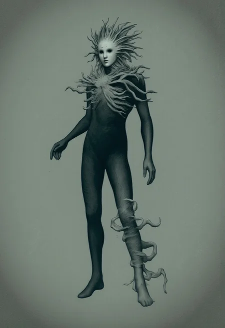 aidmaMJ6.1, Made out of paper, a PaperStyle , d4artstyle, d4concept, , d00mstyle, made of clay, ZBClay model of a gray sculpture
A small, mysterious humanoid creature with a slender, dark body and delicate limbs. Its face is a smooth, pale mask with minimal features, resembling a stylized, expressionless visage. The creature's head is surrounded by a chaotic mass of swirling, tendril-like appendages that appear almost hair-like, adding an ethereal and otherworldly quality. The limbs are thin and elongated, giving it a fragile, almost shadowy appearance. It wears simple, form-fitting attire that blends seamlessly with its dark form, emphasizing its enigmatic nature. The overall design evokes a sense of quiet mystery and alien elegance, blending elements of the eerie and whimsical in a single figure.
Background solid color with a faded dimly lit, fog-covered darkness tone that emphasizes its silhouette.
The medium is not a traditional painting or illustrative medium like watercolor or ink but rather a digital rendering, eerie and unsettling.