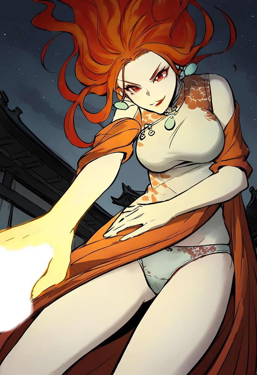 score_9, score_8_up, score_7_up,(very aesthetic:1.2),masterpiece ,high quality,detialed,best quality,perfect anatomy,beautiful detailed eyes
BREAK
from below,pov,full shot,wide shot,
BREAK
b1f4ngl0ng,red eyes,orange hair,floating hair,seductive smile
BREAK
hand on own arm,fire,yellow hand,looking down,step on, leg up ,showing panties,upskirt,grin,frown,
BREAK
chinatown,night,