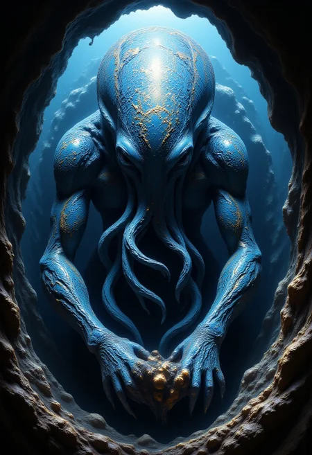 Cthulhu sleeps at the bottom of the Pacific Ocean on top of the sunken alien city of R'Lyeh,
black colors, blue colors, brown colors, little of orange colors