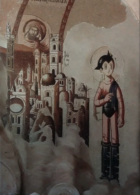 'tiles' a mosaic created in the Byzantine Empire in 1056, Byzantine, Ancient history, History,genre painting \(genre\)        palaeologan renaissance \(style\)        <lora:byzantine_pony_v1:1>     <lora:teduka_osamus_Astro_Boy_Character_PonyXL:1> astro_boy, black hair, parody, retro artstyle, android, boots, 1970s (style), style parody, score_9, score_6_up, score_7_up, score_9, score_8_up, rating_safe,general