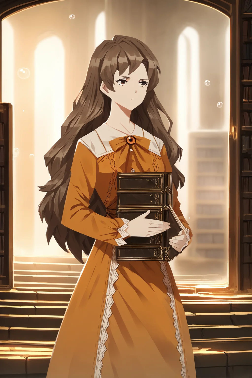 score_9,
score_9,
<lora:library_of_ruina_v1_unpruned:1>,
1girl, solo,
holding books,
indoors, bookshelf,
brown hair, long hair, brown eyes,
bubble dress, orange dress,
cowboy shot,
high resolution, Masterpiece, detailed,
high resolution, Masterpiece, detailed