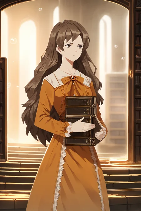 score_9,
score_9,
<lora:library_of_ruina_v1_unpruned:1>,
1girl, solo,
holding books,
indoors, bookshelf,
brown hair, long hair, brown eyes,
bubble dress, orange dress,
cowboy shot,
high resolution, Masterpiece, detailed,
high resolution, Masterpiece, detailed