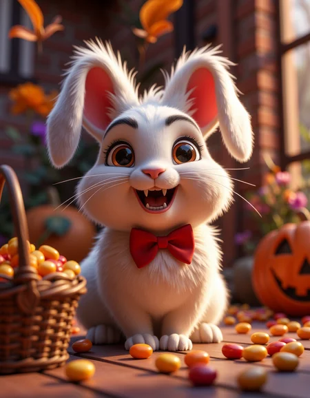A fluffy bunny with tiny, adorable vampire fangs, wearing a red bowtie and sitting beside a small basket of candy. The bunnyâs ears are slightly flopped, creating a cute Halloween vibe. Sweet and playful, 4K.
<lora:Cute_3d_Cartoon_Flux:0.6>