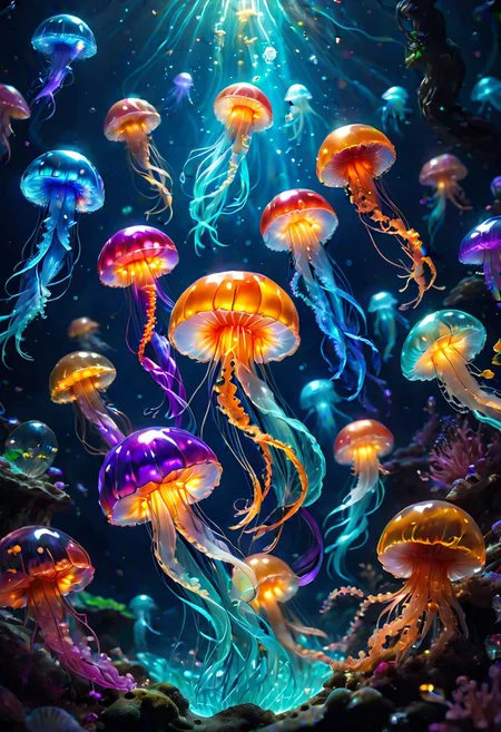 a bunch of jellyfish lost inside an unknown ecosystem all in different colors, glowing, glimmers, sparkels,