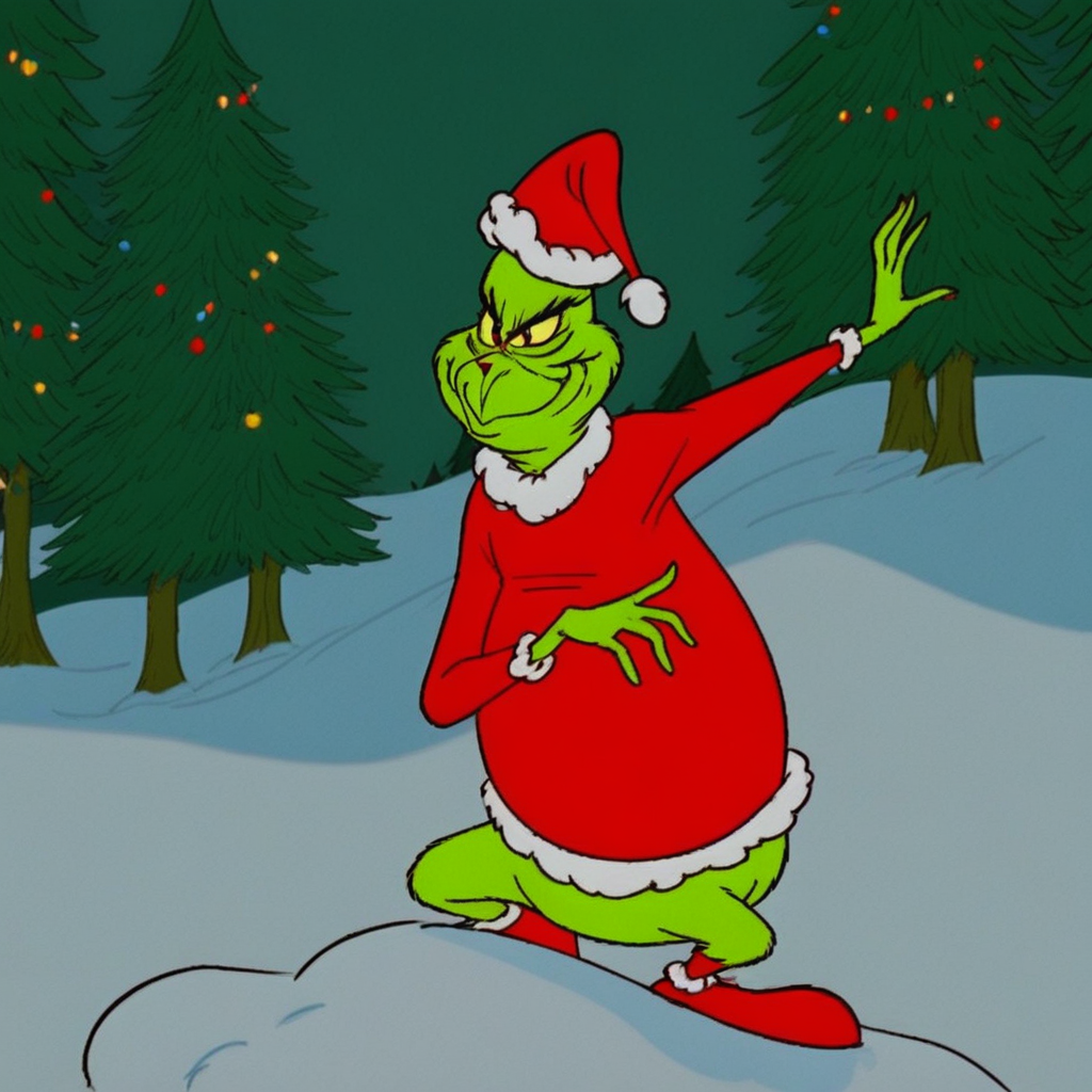 score_9, solo, grinch, green skin, santa hat, santa costume, outdoors, trees, snow, natural lighting