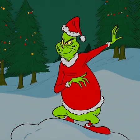 score_9, solo, grinch, green skin, santa hat, santa costume, outdoors, trees, snow, natural lighting