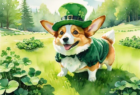 Studio Ghibli inspired, whimsical scene, mischievous leprechaun, determined expression, oversized green hat, detailed clothing, giant corgi, focused expression, field of oversized shamrocks, lush green landscape, dappled sunlight, soft watercolor style