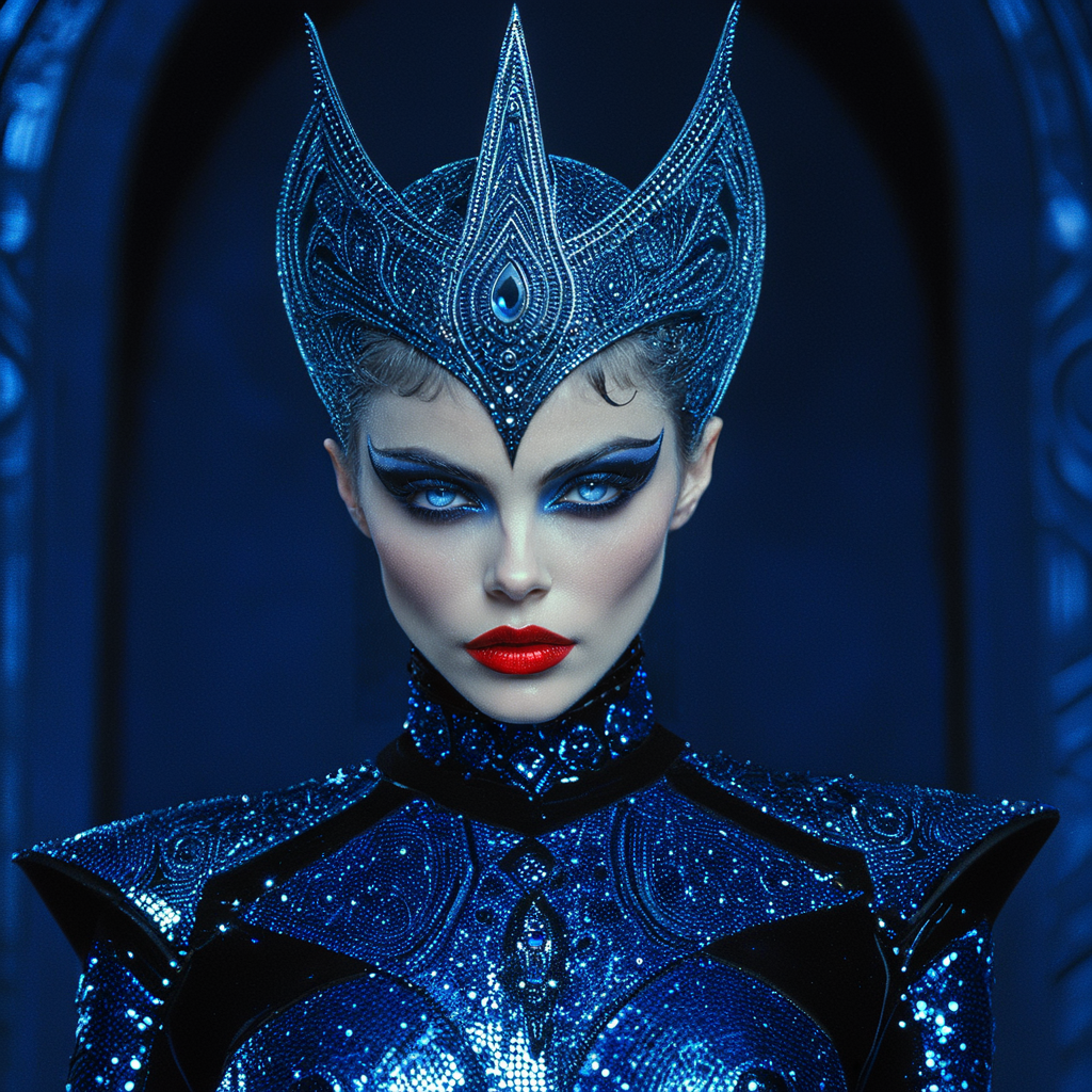 <lora:Mystic_Vogue_80s__Occult_PopSDXL:1> Mystic Vogue 80s Occult Pop, The image is a close-up portrait of a woman's face and upper body. She is wearing a dramatic and futuristic-looking outfit with a black and blue color scheme. The outfit is made up of a black dress with a high neckline and long sleeves and the dress is covered in small blue and silver sequins. The woman's hair is styled in a dramatic updo with a large ornate headpiece that is intricately designed with a pointed tip and a large headpiece with a blue and black pattern. The headpiece is covered with a metallic sheen giving it a futuristic and edgy look. The background is dark and blurred making the woman the focal point of the image. She has a dramatic makeup look with bold red lipstick and dramatic eye makeup. The overall effect is one of power and power., 1girl, solo, makeup, colored skin, blue skin, lipstick, looking at viewer, blue eyes, breasts, upper body