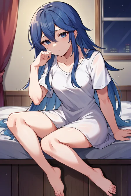 score_9, score_8_up, score_7_up, score_6_up, source_anime BREAK 1girl, solo <lora:lucina-pdxl-nvwls-v1-000005:1> defLuci, long hair, white t-shirt, shirt dress, tired, night, looking at viewer, bedroom, barefoot