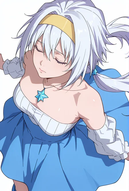 Smooth Quality,masterpiece,very intricate, high quality details, ultra realistic, high detailed skin,detailed enviorement,absurdres,
dim lighting, raytracing,
simple background, white background,solo, 
dancing, sad,dynamic angle,
 <lora:Velzard_CNR:0.9> velzard_cnr, bare shoulders, white hair, hairband, 1girl, low twintails,blue dress, necklace, collarbone,blue boots, 
 <lora:MoriiMee_Gothic_Niji_Style_Illustrious_r1:0.9> artist:moriimee