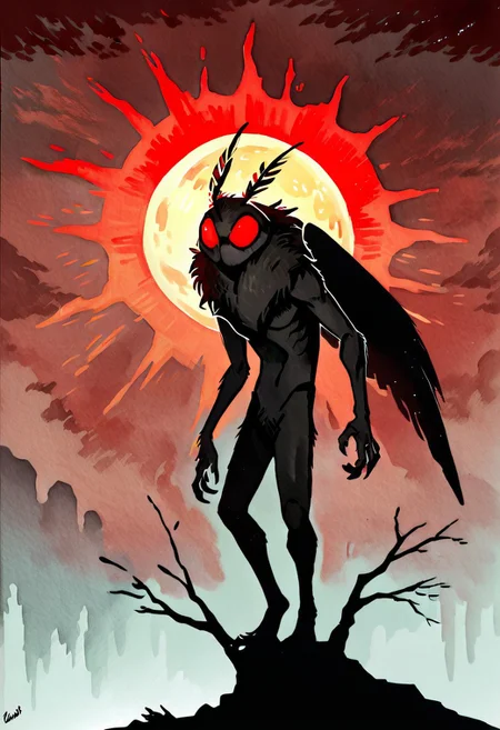 score_8_up, score_7_up, masterpiece, ultra detailed, solo, distant view of mothman crouched on the branch of a spooky tree, black fur, red eyes, antennae, mouthless, wings, silhouette, dark red sunset behind, dynamic, style watercolor EnhanceImage