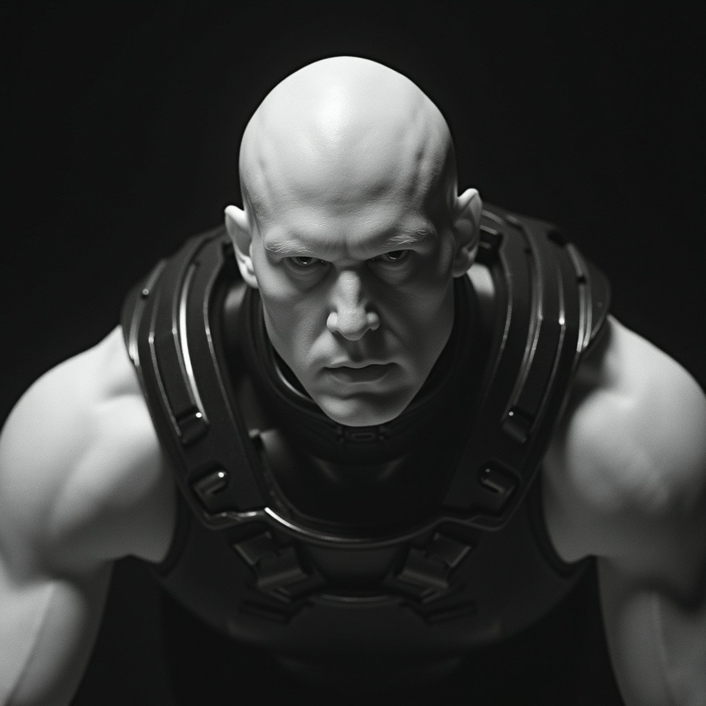 infrared image,
The image is a black and white photograph of a bald, light-skinned male with a stern, intense expression. He has a muscular build, and his head is completely devoid of hair, giving him a striking appearance. He is wearing a dark, high-tech, armored chest piece that covers his shoulders and upper torso, suggesting he is in a futuristic or sci-fi context.