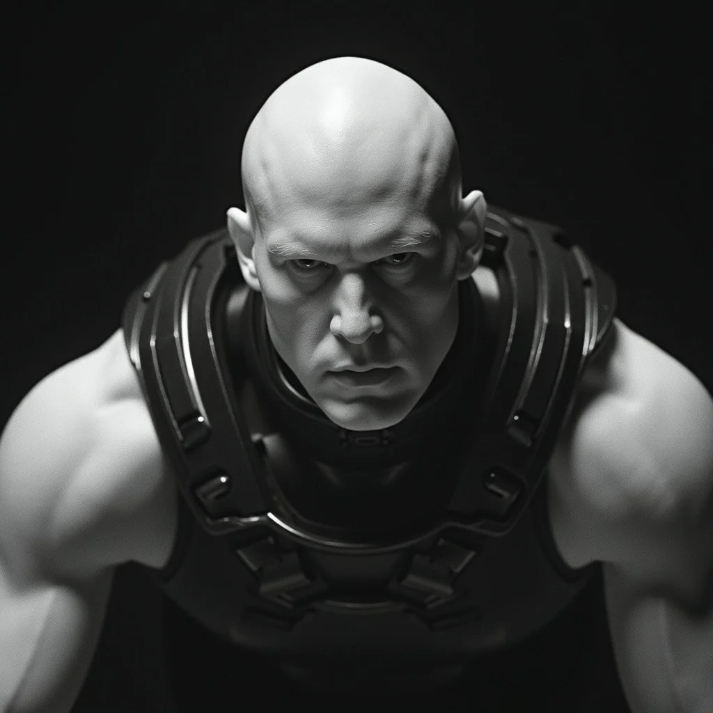 infrared image,
The image is a black and white photograph of a bald, light-skinned male with a stern, intense expression. He has a muscular build, and his head is completely devoid of hair, giving him a striking appearance. He is wearing a dark, high-tech, armored chest piece that covers his shoulders and upper torso, suggesting he is in a futuristic or sci-fi context.