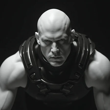 infrared image,
The image is a black and white photograph of a bald, light-skinned male with a stern, intense expression. He has a muscular build, and his head is completely devoid of hair, giving him a striking appearance. He is wearing a dark, high-tech, armored chest piece that covers his shoulders and upper torso, suggesting he is in a futuristic or sci-fi context.