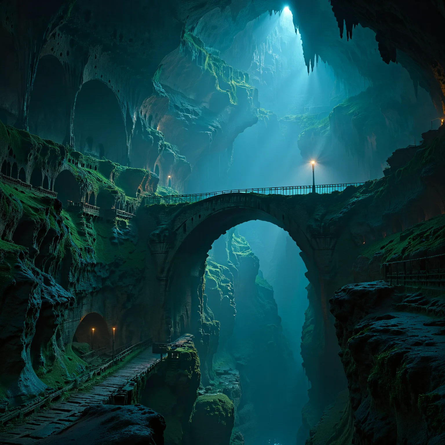 scenery, landscape, bridge, cave, underground, dark, dim light, best quality, masterpiece, 4k, uncensored, prefect lighting, rating_explicit, very aesthetic, detailed, <lora:add_details_xl:0.6>, very detailed, <lora:SDXLHighDetail_v5:0.6>, <lora:elesdxl:1>, elementalplaneearth