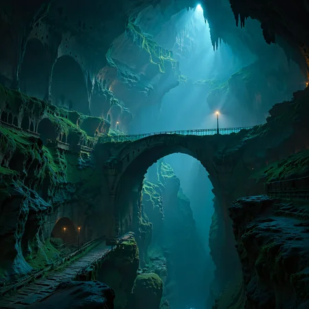 scenery, landscape, bridge, cave, underground, dark, dim light, best quality, masterpiece, 4k, uncensored, prefect lighting, rating_explicit, very aesthetic, detailed, <lora:add_details_xl:0.6>, very detailed, <lora:SDXLHighDetail_v5:0.6>, <lora:elesdxl:1>, elementalplaneearth