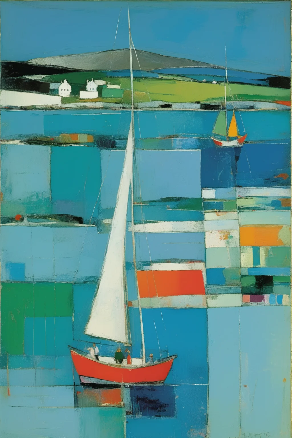 <lora:Raimonds Staprans Style:1>Raimonds Staprans Style - 102166. A painting by Richard Diebenkorn. A painting of the Sound of Mull and Tobermory illustrates the enchanting vistas and diverse landscape of this Scottish island in the Inner Hebrides through a captivating blend of Cubist and Fauvist styles. The vibrant scene depicts sailboats gliding through the crystal-clear waters of the Sound of Mull, framed by the colorful harborfront buildings of Tobermory and the lush, forested hills in the background, portrayed in fragmented shapes and brilliant colors. The composition conveys a sense of wonder and the magical charm of sailing in this picturesque location.