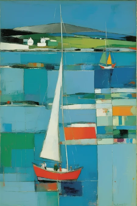<lora:Raimonds Staprans Style:1>Raimonds Staprans Style - 102166. A painting by Richard Diebenkorn. A painting of the Sound of Mull and Tobermory illustrates the enchanting vistas and diverse landscape of this Scottish island in the Inner Hebrides through a captivating blend of Cubist and Fauvist styles. The vibrant scene depicts sailboats gliding through the crystal-clear waters of the Sound of Mull, framed by the colorful harborfront buildings of Tobermory and the lush, forested hills in the background, portrayed in fragmented shapes and brilliant colors. The composition conveys a sense of wonder and the magical charm of sailing in this picturesque location.