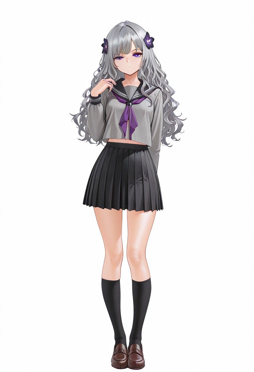 masterpiece, best quality, very aesthetic, absurdres, 
1girl, full_body, solo, vanillaware, grey_eyes, grey_hair, long_hair, bangs, wavy_hair, small_breasts, legs, midriff_peek, hair_flower, school_uniform, serafuku, purple_neckerchief, blouse, grey_shirt, black_sailor_collar, long_sleeves, black_skirt, miniskirt, pleated_skirt, kneehighs, black_socks, loafers, brown_footwear, expressionless, closed_mouth, looking_at_viewer, standing, arm_behind_back, hand_up, simple_background, white_background, 
az-ys-il