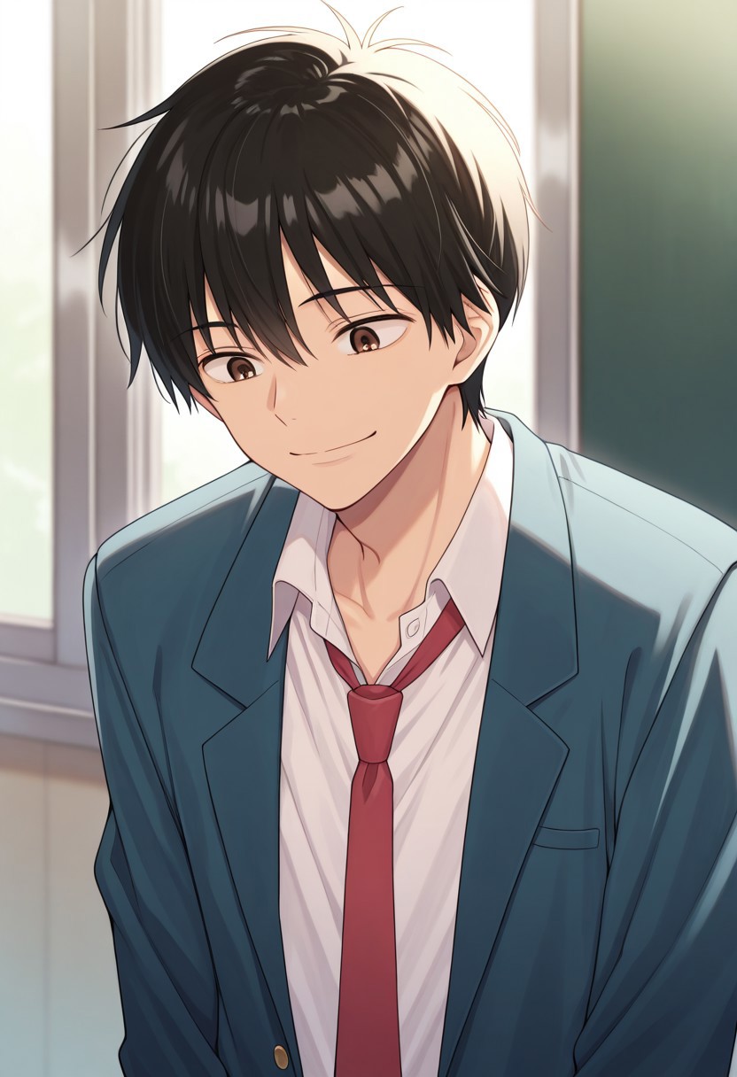 masterpiece,best quality,amazing quality, source_anime, 
kazahaya, 1boy, male focus, solo, brown eyes, black hair, school uniform, shirt, white shirt, collared shirt, necktie, red necktie, jacket, blazer, blue jacket, open jacket,
smile,