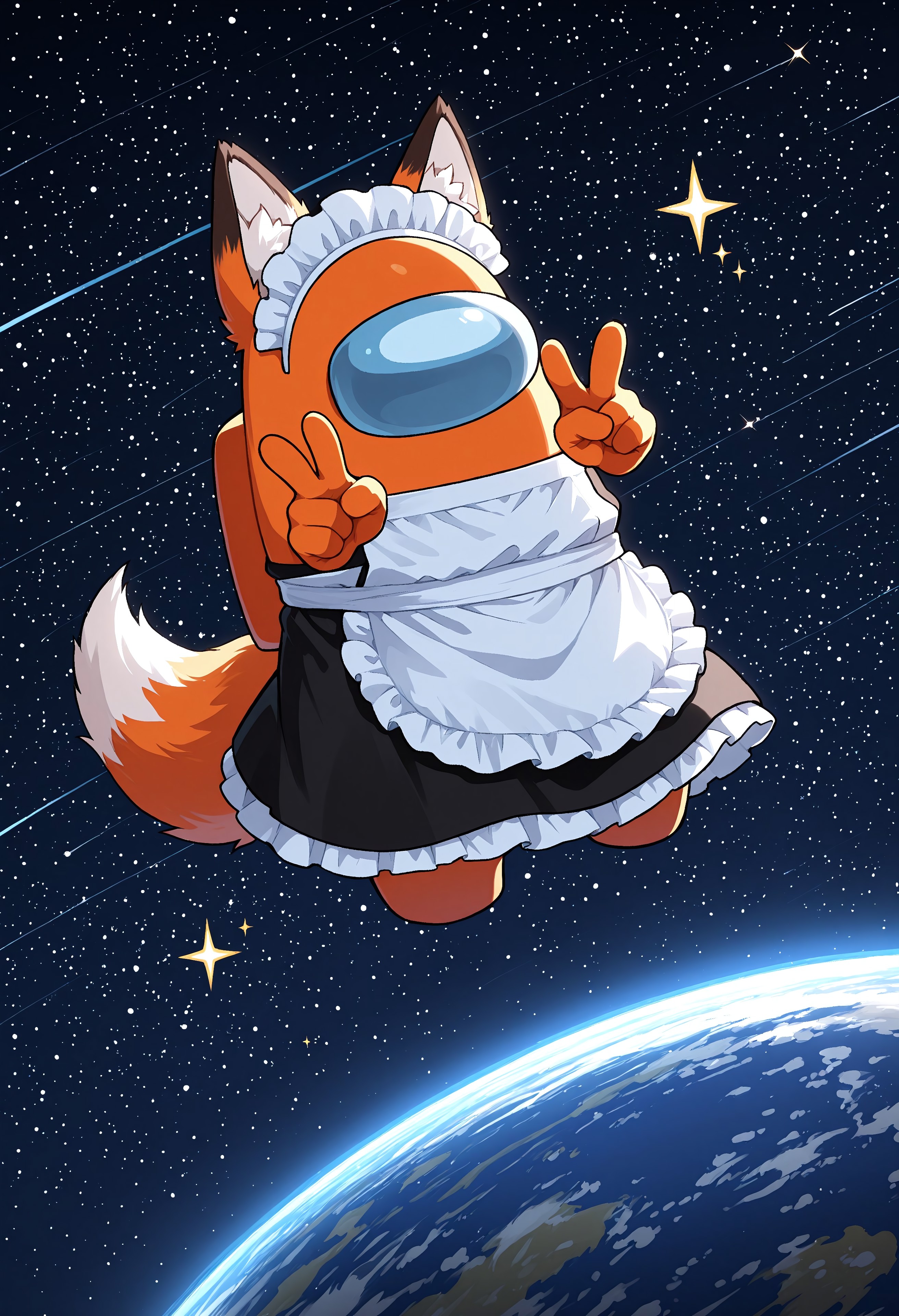 masterpiece, source_furry, high resolution, highly detailed macro illustration, BREAK 1boy, moonlitepxl, orange body, fox tail, fluffy fox ears with bronze tips, maid dress, V-GESTURE, BREAK mikus-style, among us, among_us, crewmate, no eyes, no human, full body, (close-up:1.2), in the air, dynamic pose BREAK space, abstract space background, shining stars, comets, planet earth, detailed background BREAK sharp focus, perfect lighting, extremely detailed, high detail, cinematic softness