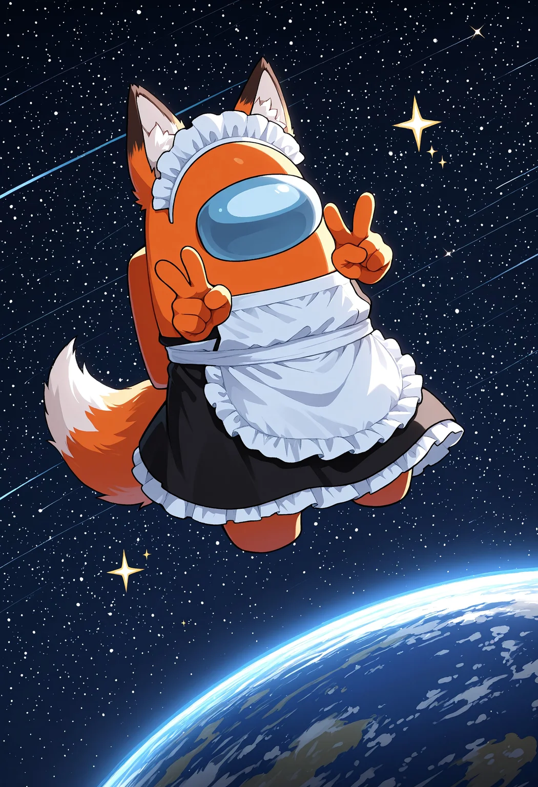 masterpiece, source_furry, high resolution, highly detailed macro illustration, BREAK 1boy, moonlitepxl, orange body, fox tail, fluffy fox ears with bronze tips, maid dress, V-GESTURE, BREAK mikus-style, among us, among_us, crewmate, no eyes, no human, full body, (close-up:1.2), in the air, dynamic pose BREAK space, abstract space background, shining stars, comets, planet earth, detailed background BREAK sharp focus, perfect lighting, extremely detailed, high detail, cinematic softness