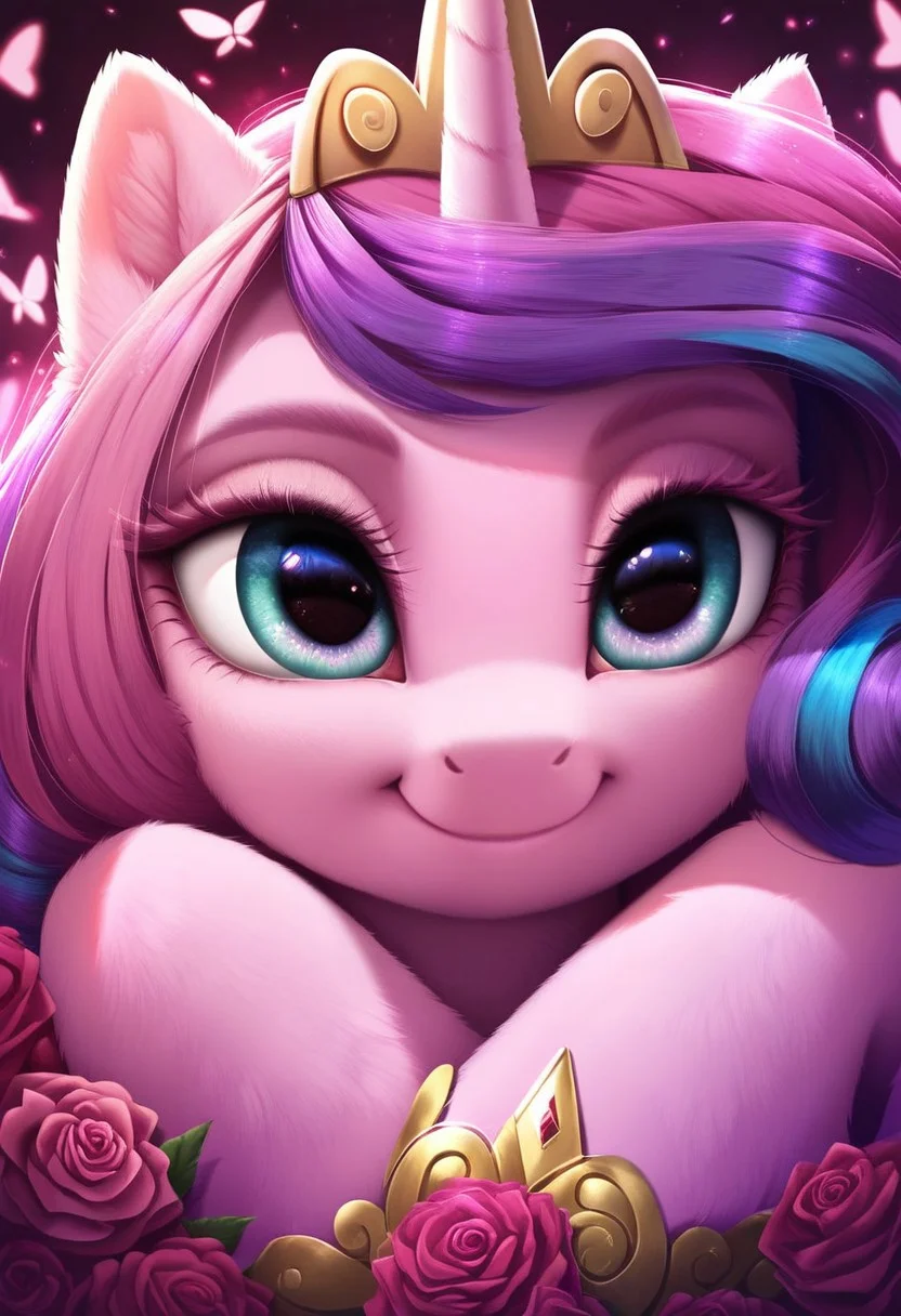 score_9, score_8_up, score_7_up, score_6_up, score_5_up, score_4_up, my little pony, ((feral pony)), Princess cadence and flurry heart, 2girl, ((duos)), (sexy), beautiful, detailed, (detailed cute pony face), detailed eyes, (detailed pink light pink fur:1.5), detailed hooves, beautiful, vector, (beautiful long eyelashes), tiara, pink crystal roses background, pink butterflies background, (looking at each other:1.5), smiling, pink hearts everywhere, ((close-up)), hugging