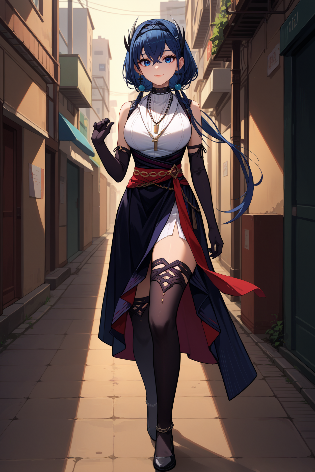 score_9, score_8_up, score_7_up, score_6_up, source_anime, 1girl, solo,  <lora:cantabile-pdxl-nvwls-v1:1> cantabile, dark blue hair, dark blue eyes, mole under eye, long hair, hair ornament, hairband, necklace, white shirt, sleeveless shirt, black dress, red sash, black gloves, elbow gloves, black thighhighs, large breasts, full body, walking, alleyway, hand up, looking at you, light smile