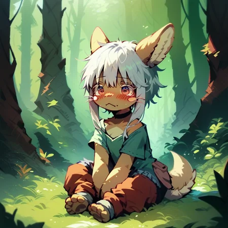 score_9, score_8_up, score_7_up, source_furry, rating_safe, Nanachi from Made_In_Abyss, Nanachi, white messy hair, choker, blush, clothed, sitting in forest