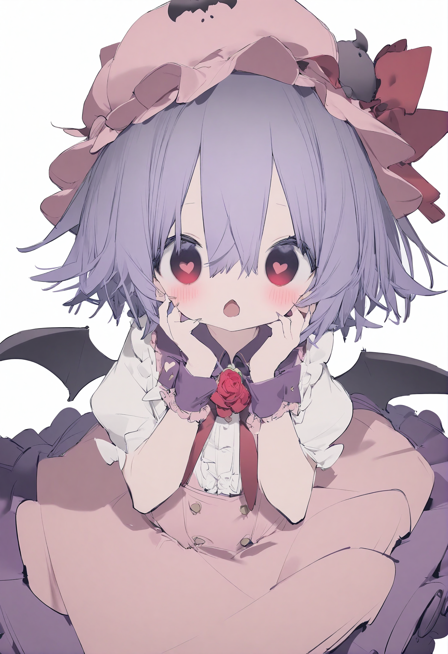 1girl, 
nanmokaken, 
red rose, wide-eyed, red flower, red ribbon, flower, heart-shaped pupils, shirt, heart, open mouth, purple skirt, flower brooch, hands on own cheeks, hands on own face, collared shirt, bat \(animal\), brooch, sharp fingernails, white background, symbol-shaped pupils, jewelry, puffy sleeves, skirt, frilled shirt, wrist cuffs, fingernails, frilled sleeves, white shirt, short hair, frilled cuffs, hat, pink dress, bow, rose, frills, looking at viewer, red bow, blush, mob cap, wings, frilled shirt collar, bat wings, ribbon, red eyes, simple background, purple hair, hat ribbon, dress, 
masterpiece, best quality, newest,  safe
 <lora:nanmokaken_image36_2024-03-28_a31-000045:1>