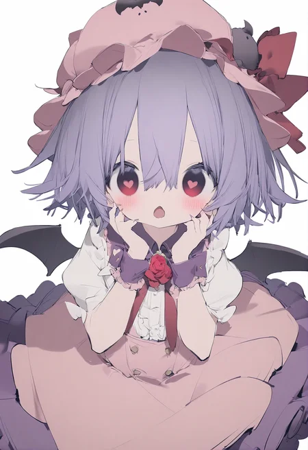 1girl,
nanmokaken,
red rose, wide-eyed, red flower, red ribbon, flower, heart-shaped pupils, shirt, heart, open mouth, purple skirt, flower brooch, hands on own cheeks, hands on own face, collared shirt, bat \(animal\), brooch, sharp fingernails, white background, symbol-shaped pupils, jewelry, puffy sleeves, skirt, frilled shirt, wrist cuffs, fingernails, frilled sleeves, white shirt, short hair, frilled cuffs, hat, pink dress, bow, rose, frills, looking at viewer, red bow, blush, mob cap, wings, frilled shirt collar, bat wings, ribbon, red eyes, simple background, purple hair, hat ribbon, dress,
masterpiece, best quality, newest, safe
<lora:nanmokaken_image36_2024-03-28_a31-000045:1>