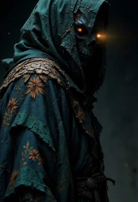 A S1n0z1ck style surreal, m100-style gothic scene in a dimly lit, This scene describes a close-up of a dark, tattered hood, seemingly empty, yet from within its shadowy depths, two ghostly eyes faintly glow with a menacing, almost malevolent light. The hood belongs to a long coat that appears much darker now, with muted, almost blackened hues of deep greens, dark blues, and earthy browns. The intricate patchwork still remains, but its colors are faded and worn, giving the garment an ancient, weathered appearance, as if it has survived many eerie nights. The patterns, once vibrant, are now subdued and twisted, almost blending into the dark fabric like ghostly shapes.
The coat’s edges, stitched with dark green thread, now look more frayed and rough, as if they've been slowly unraveling over time. The large dark blue floral patch on the left side is barely discernible, its outline faintly visible in the low light, while the smaller floral embroidery on the right is dulled, as though the colors have been drained by years of exposure to darkness. The subtle pattern on the wide sleeve has become distorted, almost as if it is alive, shifting with a faint, eerie glow. The deep green lining peeks out from the collar like a shadow creeping out of the void, enhancing the coat’s dark and ominous presence.mythp0rt