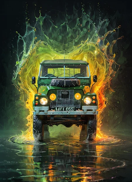 advertising poster for a green lghtwght land rover, dark background, lights, highly detailed, cinematic, colorful, splashing, reflections, water, energy, fluid, waves, engraved, fire
 <lora:Lightweight_Land_Rover_SDXL:0.8> <lora:ArtfullyME_SDXL__v1:0.8> Artme