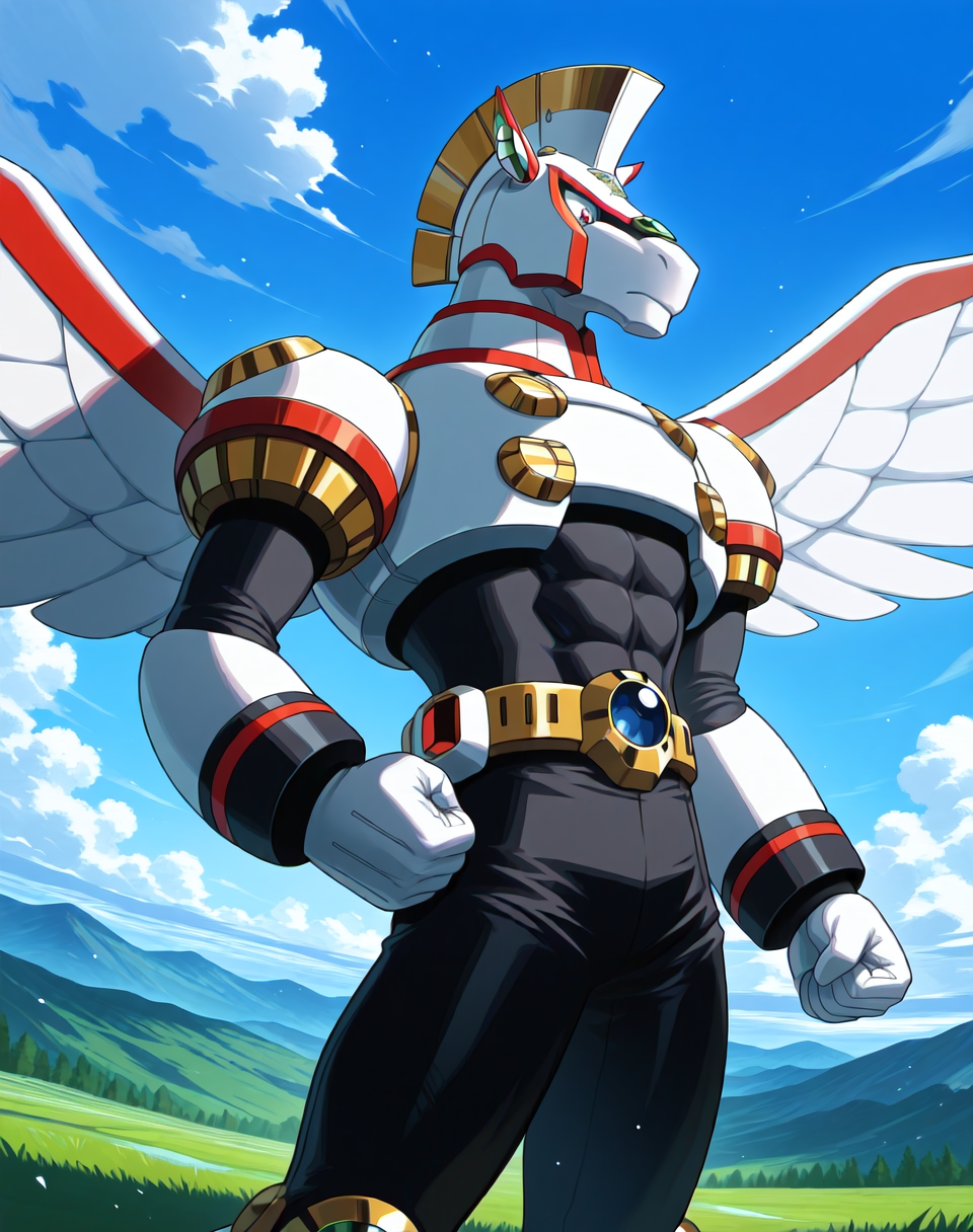 <lora:Spiral_Pegasus_(Mega_Man_X)_(Illustrious)_(AD):1.35> Spiral Pegasus, reploid, MMX, 
exterior, blue sky with clouds, mountain valley, grassy valley,
dutch angle, dynamic action, cowboy shot, 
male focus, intense shadows, dynamic shadows, intricate details, attention to details, gradient coloring, robot, bright vivid colors, deep metallic colors, glossy metal body, wings, pelvic focus, abs, 
BREAK very awa, masterpiece, best quality, amazing quality, very aesthetic, highres, absurdres,
EZRealPONYXL, zPDXL, Smooth Quality, lazynsfw,