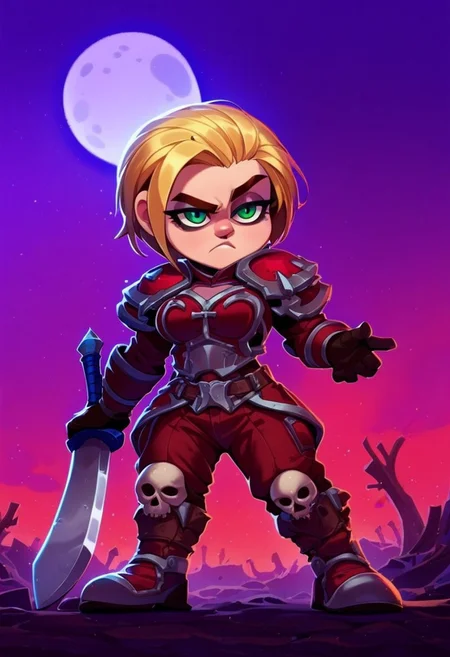 [score_9, score_8_up, score_7_up, <lora:Smooth Anime Style LoRA XL:1>, anime style, dark fantasy, 1girl gnome, short stature, big eyes, big ears, green eyes, long blonde hair, (shortstack:1.3), (medium breasts:1.1), round breasts, wearing armor,wearing hat, shoulder armor,skull emblem on shoulder, (gloomy empty streets, dark forests, moon in the sky:1.6), Cold and angry, seductive gaze, fighting posture, (She holds a two-handed sword in her hands:1.9), bedroom eyes, solo, <lora:OtherStyle_03:1> <lora:Round_Breasts_XL_XV7:0.8>