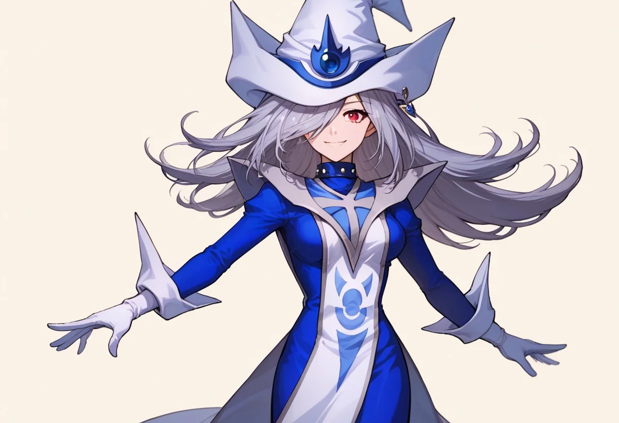 score_9, score_8_up, score_7_up, source_anime, good anatomy,1girl, solo, SilentMagicianOG, long hair, silver hair, swept bang, red eyes, medium breasts, SiMaClassic, white and blue tabard with silver trim, very long dress, blue dress, white gloves, puffy sleeves, white and blue hat, wizard hat, metal choker, hat over one eye, standing, smiling