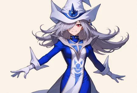 score_9, score_8_up, score_7_up, source_anime, good anatomy,1girl, solo, SilentMagicianOG, long hair, silver hair, swept bang, red eyes, medium breasts, SiMaClassic, white and blue tabard with silver trim, very long dress, blue dress, white gloves, puffy sleeves, white and blue hat, wizard hat, metal choker, hat over one eye, standing, smiling