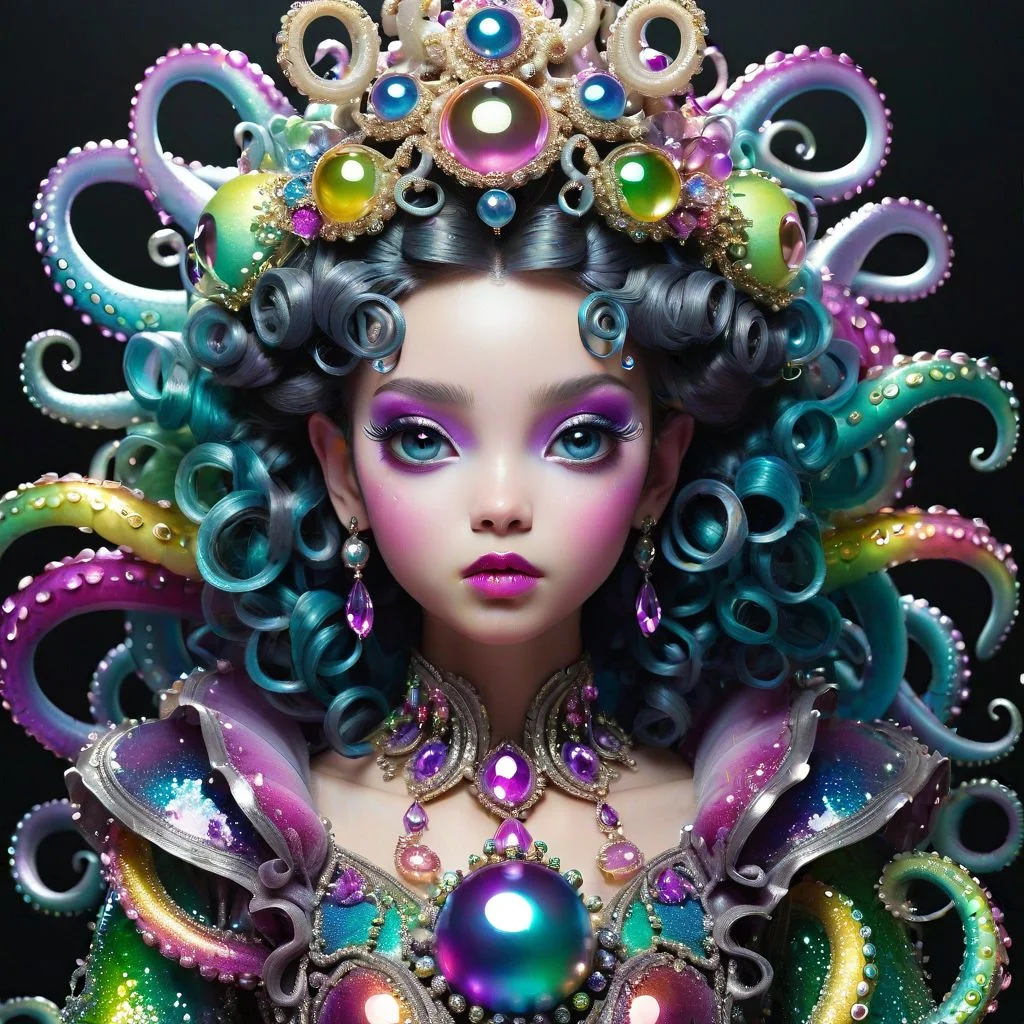 A full body shot of a cute and mischievous monster princess made of tentacles wearing an ornate ball gown covered in jewels. Fancy Dress. Subsurface Scattering. Translucent Skin. Rainbow palette. rainbowcore. Eldritch Beauty. defined facial features, symmetrical facial features. Opalescent surface. beautiful lighting. By Giger and Ruan Jia and Artgerm and WLOP and William-Adolphe Bougue