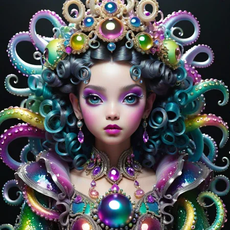 A full body shot of a cute and mischievous monster princess made of tentacles wearing an ornate ball gown covered in jewels. Fancy Dress. Subsurface Scattering. Translucent Skin. Rainbow palette. rainbowcore. Eldritch Beauty. defined facial features, symmetrical facial features. Opalescent surface. beautiful lighting. By Giger and Ruan Jia and Artgerm and WLOP and William-Adolphe Bougue