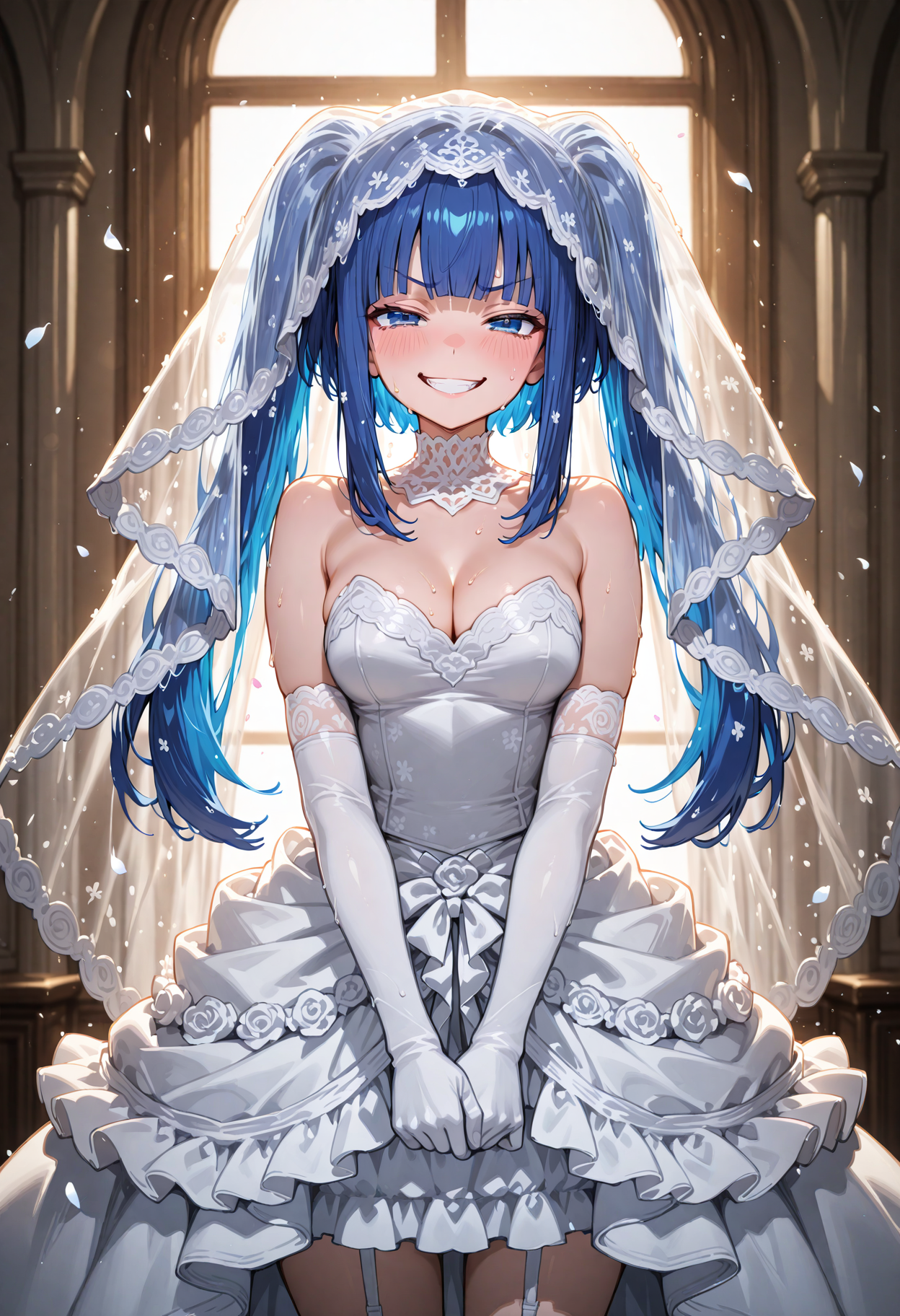 <lora:Furudo_Erika_v2:0.85>, <lora:SDXL_HandFineTuning_XL:0.4>, <lora:for_illust_spo_sdxl_10ep_4k-data_lora_webui:0.7>, <lora:for_illust_GBF_Illustrious:0.4>, <lora:for_illust_ponyv5_noobV065S_1_adamW-000013:0.2>, <lora:for_illust_748cmSDXL:0.3>, <lora:warm light style v2:0.4>, perfect quality, best quality, absolutely eye-catching, cinematic, (masterpiece), (ultra-detailed), Soft lighting, very aesthetic, illustration, perfect composition, portrait, cowboy shot, ultra detailed face, detailed eyes, 1girl, cleavage, (wedding dress:1.5), bride, (bridal veil:1.2), white dress, white gloves, elbow gloves, veil, furudo erika, looking at viewer,  evil grin, frills, blue hair, blue eyes, twintails
