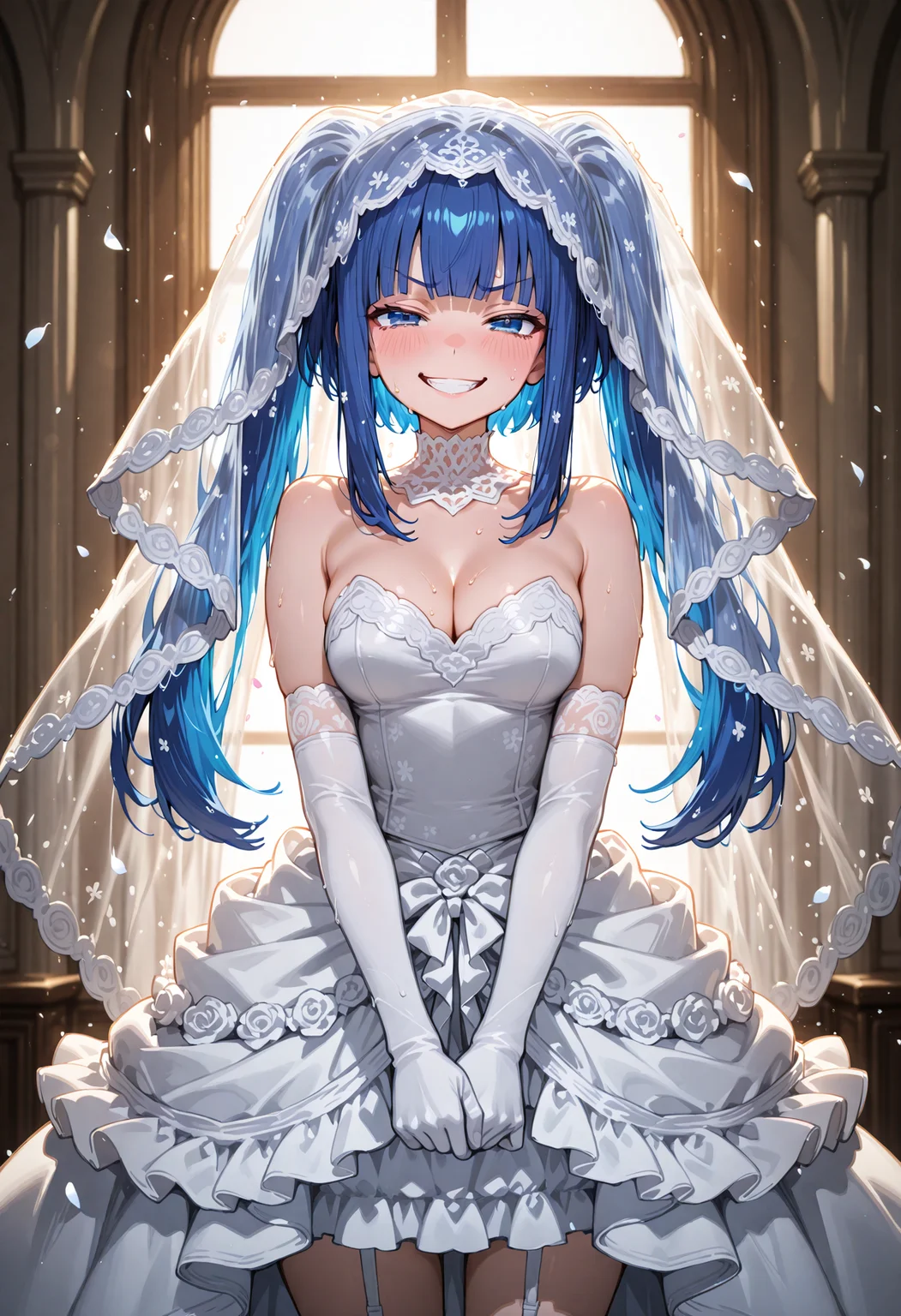 <lora:Furudo_Erika_v2:0.85>, <lora:SDXL_HandFineTuning_XL:0.4>, <lora:for_illust_spo_sdxl_10ep_4k-data_lora_webui:0.7>, <lora:for_illust_GBF_Illustrious:0.4>, <lora:for_illust_ponyv5_noobV065S_1_adamW-000013:0.2>, <lora:for_illust_748cmSDXL:0.3>, <lora:warm light style v2:0.4>, perfect quality, best quality, absolutely eye-catching, cinematic, (masterpiece), (ultra-detailed), Soft lighting, very aesthetic, illustration, perfect composition, portrait, cowboy shot, ultra detailed face, detailed eyes, 1girl, cleavage, (wedding dress:1.5), bride, (bridal veil:1.2), white dress, white gloves, elbow gloves, veil, furudo erika, looking at viewer, evil grin, frills, blue hair, blue eyes, twintails