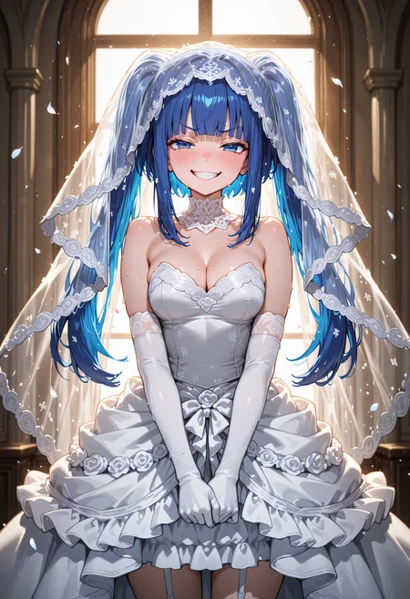 <lora:Furudo_Erika_v2:0.85>, <lora:SDXL_HandFineTuning_XL:0.4>, <lora:for_illust_spo_sdxl_10ep_4k-data_lora_webui:0.7>, <lora:for_illust_GBF_Illustrious:0.4>, <lora:for_illust_ponyv5_noobV065S_1_adamW-000013:0.2>, <lora:for_illust_748cmSDXL:0.3>, <lora:warm light style v2:0.4>, perfect quality, best quality, absolutely eye-catching, cinematic, (masterpiece), (ultra-detailed), Soft lighting, very aesthetic, illustration, perfect composition, portrait, cowboy shot, ultra detailed face, detailed eyes, 1girl, cleavage, (wedding dress:1.5), bride, (bridal veil:1.2), white dress, white gloves, elbow gloves, veil, furudo erika, looking at viewer,  evil grin, frills, blue hair, blue eyes, twintails