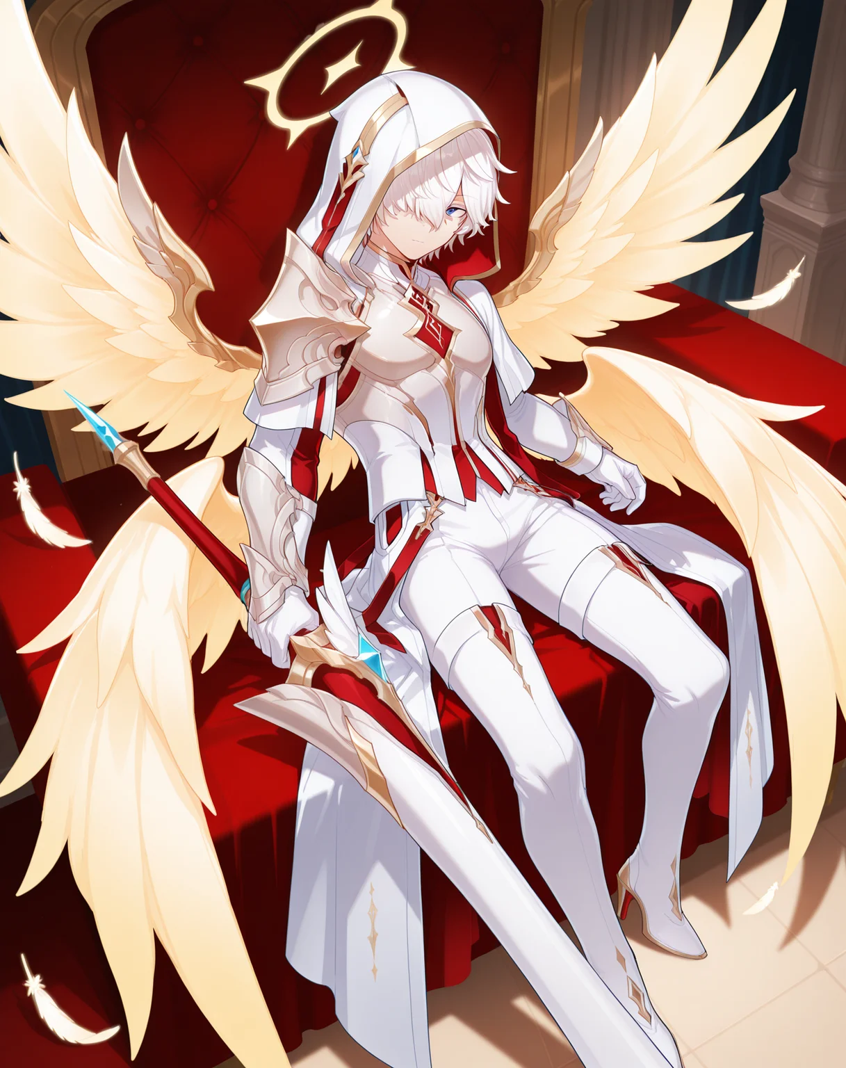 masterpiece, best quality, amazing quality, ultra-detailed, absurdres,
1boy, solo, yaoi, male focus, full body, from above, sitting, looking at viewer,
<lora:Elsword_Genesis_ilxl:1> elswordgn, white hair, blue eyes, short hair, hair between eyes, hair over one eye,
multiple wings, yellow halo,hood up, white armor, yellow wings, angel wings, white gloves,white robe, white thighhighs, breastplate, feathered wings, white wings, shoulder armor, puffy sleeves, white bodysuit, gold trim,
white footwear, high heels, thigh boots, high heel boots,
holding weapon, holding sword, huge weapon,lance,