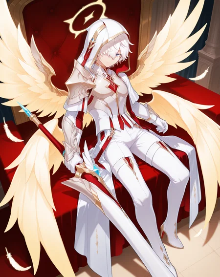 masterpiece, best quality, amazing quality, ultra-detailed, absurdres,
1boy, solo, yaoi, male focus, full body, from above, sitting, looking at viewer,
<lora:Elsword_Genesis_ilxl:1> elswordgn, white hair, blue eyes, short hair, hair between eyes, hair over one eye,
multiple wings, yellow halo,hood up, white armor, yellow wings, angel wings, white gloves,white robe, white thighhighs, breastplate, feathered wings, white wings, shoulder armor, puffy sleeves, white bodysuit, gold trim,
white footwear, high heels, thigh boots, high heel boots,
holding weapon, holding sword, huge weapon,lance,