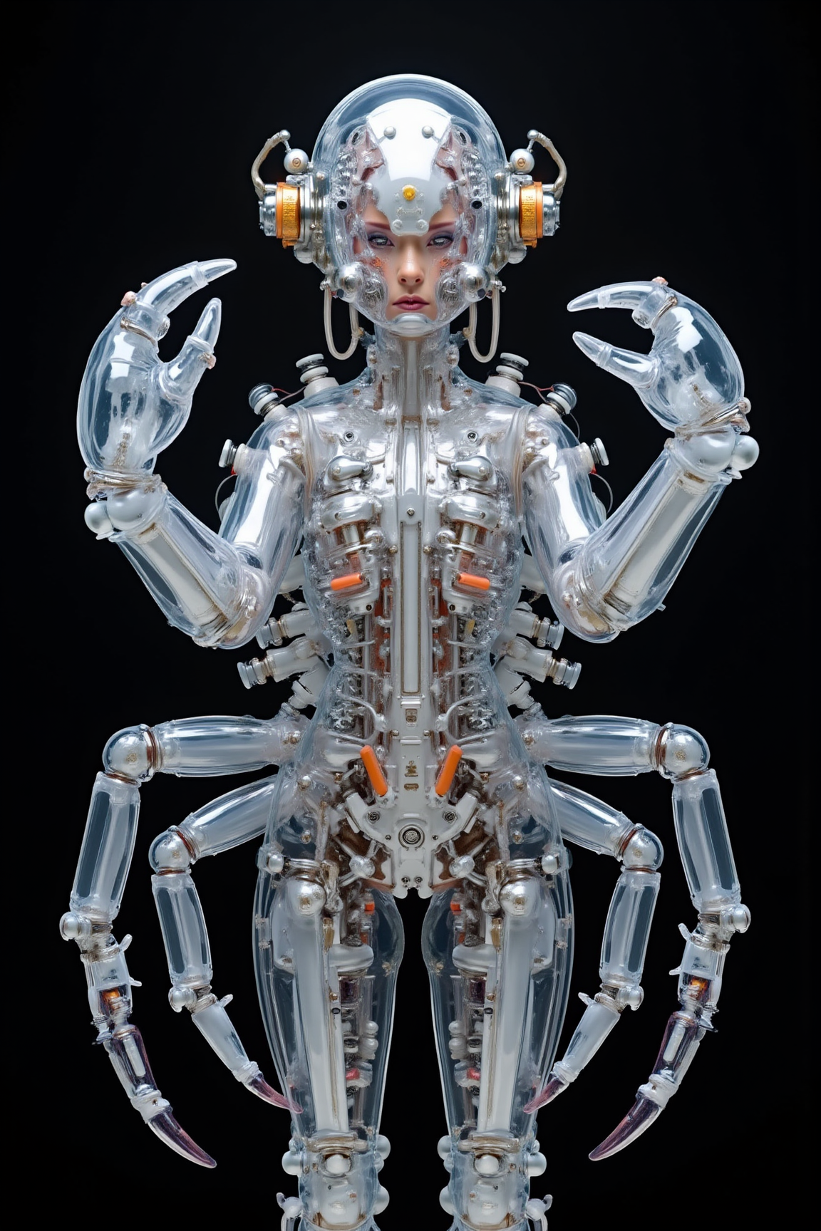 Acrylic, Translucent style, A warzone mechanic gets stuck in her own malfunctioning exo-suit during a crucial resistance speechâcue her trying to gesture heroically while walking like a crab, Analog Inked Dieselpunk Dames style