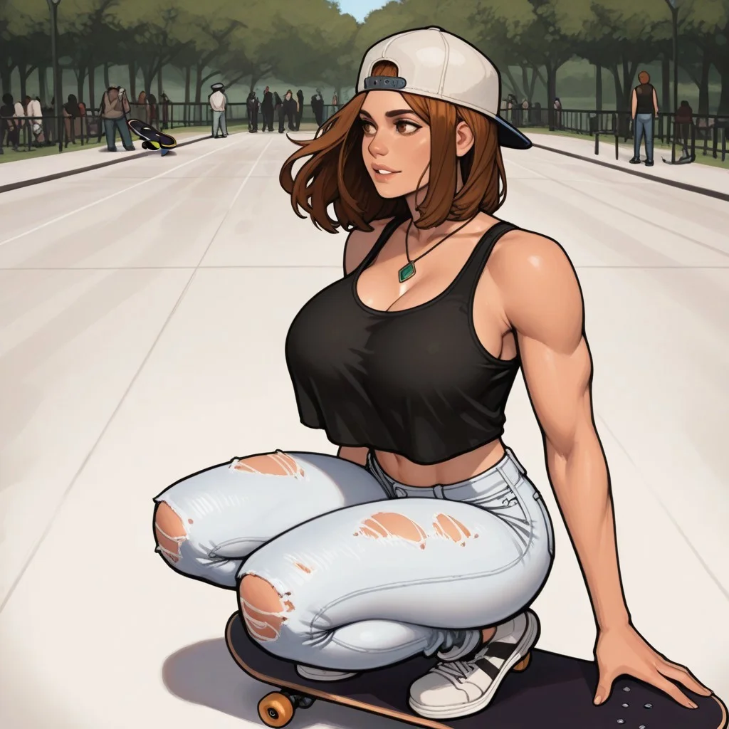 high angle view, (side view:1.1) masterpiece, best quality, <lora:reinbach:1> r31nb4ch, 1girl, solo, focused, happy, parted lips, large breasts, thick thighs, skinny, brown hair, medium length hair, messy bob style hair, center parting, parted bangs, brown eyes, toned stomach, skinny,
black tank top, overhang, tight white jeans, ripped jeans, torn jeans, necklace, backwards baseball cap, backwards cap, white sneakers,
park, skating park, outdoor, squatting on skateboard, crowded, very sunny, heat wave,, action pose,
